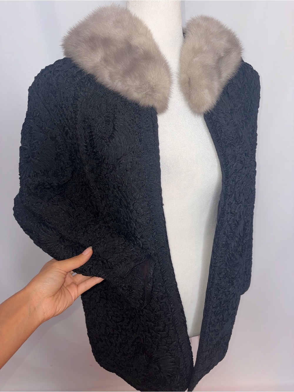 Vintage Black Textured Pea Coat with Taupe Fur Collar